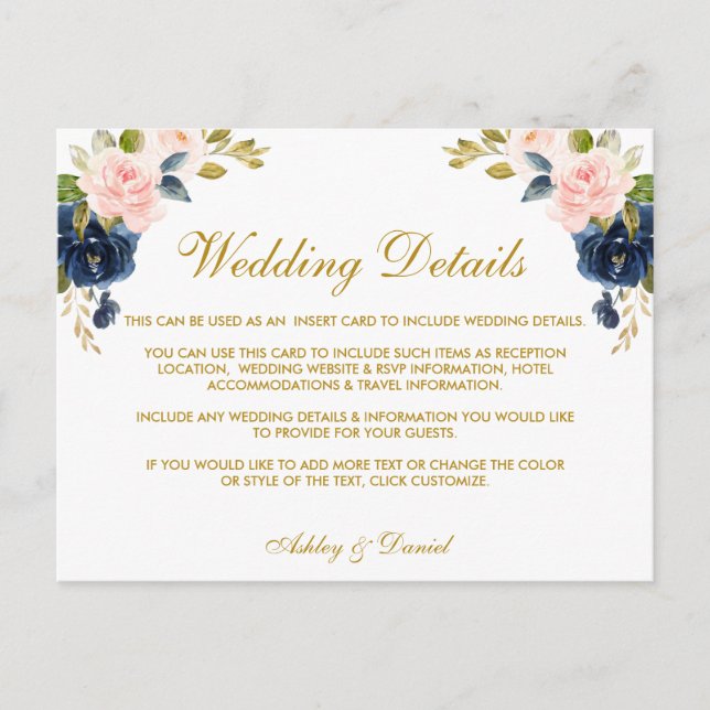 Rosa Blush Blue Floral Gold Hochzeitskarte Postkarte (Vorderseite)