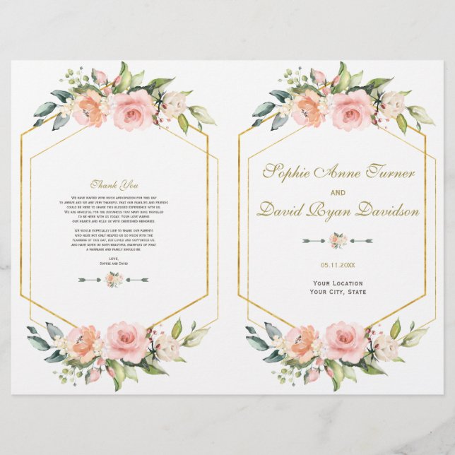 Rosa Blush Blume Gold Frame Hochzeitsprogramm (Vorne)