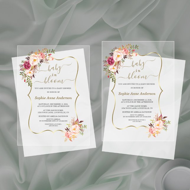 Rosa Blush Blume Gold Girl Baby Dusche Acryleinladungen (Von Creator hochgeladen)