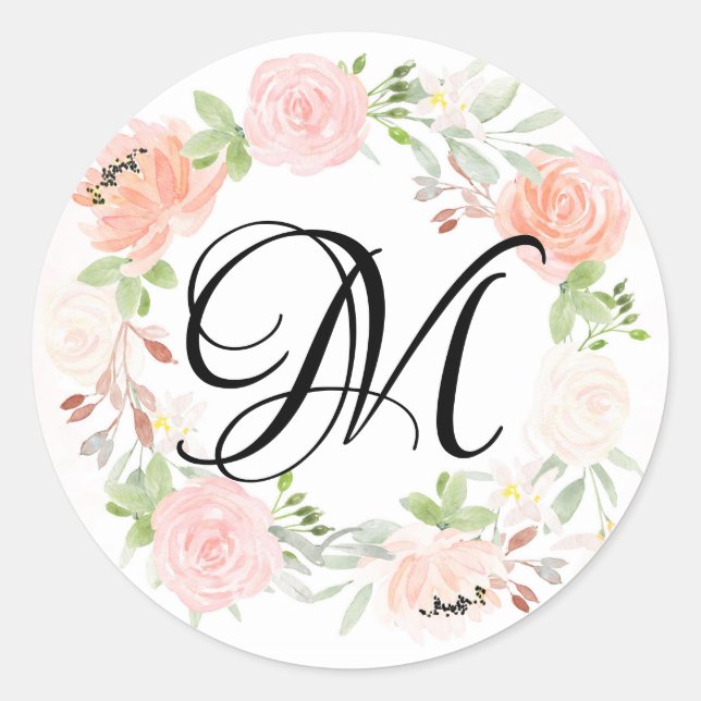 Rosa Blush Blumenkraut Monogramm-Umschlag Aufklebe Runder Aufkleber (Vorderseite)