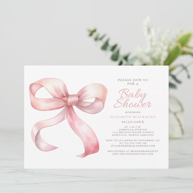 Rosa Blush Coquette Bow Elegant Baby Girl Dusche Einladung (Stehend Vorderseite)
