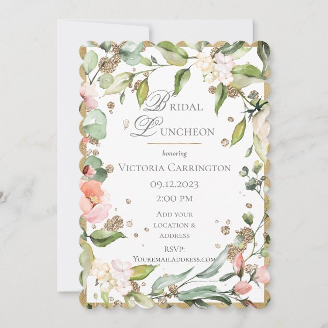Rosa Blush Floral Gold Elegant Bridal Luncheon #45 Einladung (Vorderseite)