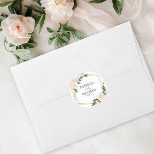 Rosa Blush Floral Gold geometrische Hochzeit Runder Aufkleber