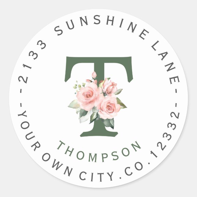 Rosa Blush Floral Monogramm-Umschrift Runder Aufkleber (Vorderseite)