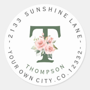 Rosa Blush Floral Monogramm-Umschrift Runder Aufkleber