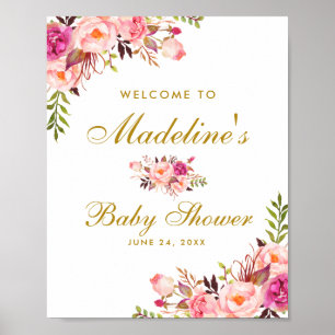 Rosa Blush Gold Bloral Baby Dusche Willkommen Poster