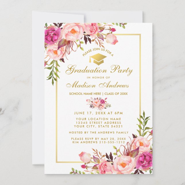 Rosa Blush Gold Bloral Graduation Party Einladung (Vorderseite)