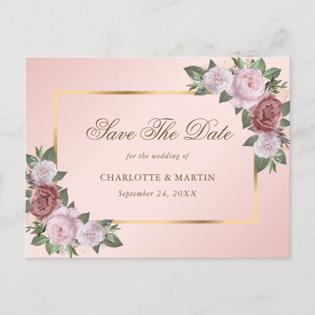 Rosa Blush Gold Blues Hochzeit retten das Datum Ankündigungspostkarte (Vorderseite)