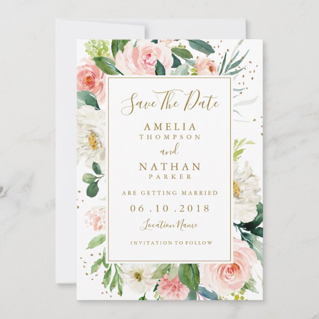 Rosa Blush Gold Blues Hochzeit retten das Datum Save The Date (Vorderseite)