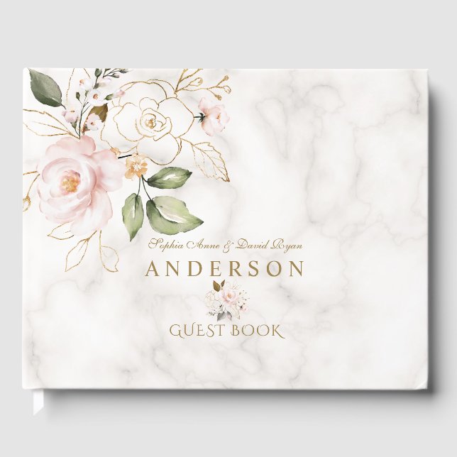 Rosa Blush Gold Blume Marmormonographie Gästebuch (Vorderseite)