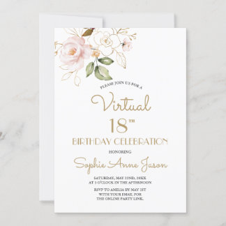 Rosa Blush Gold Floral Virtual 18. Geburtstagspart Einladung