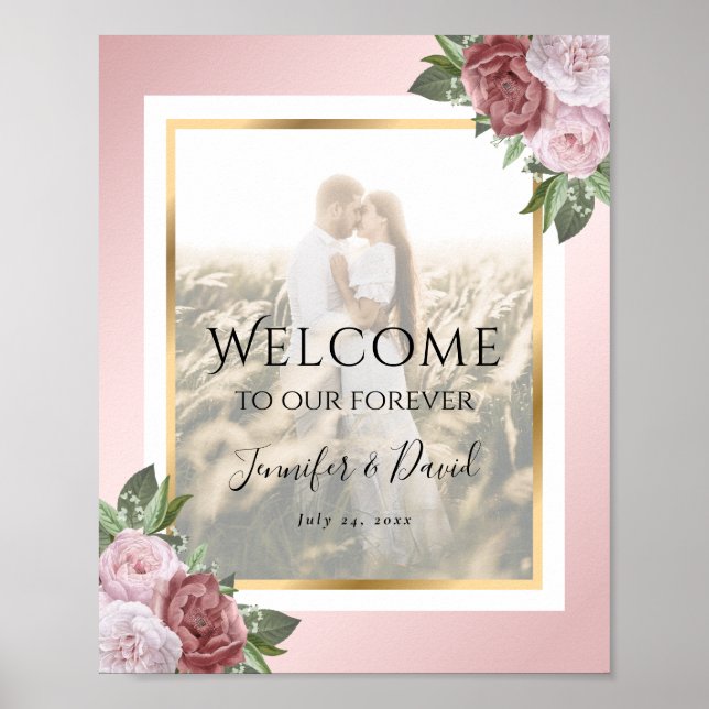 Rosa Blush Gold Floral Wedding Foto Begrüßungszeic Poster (Vorne)