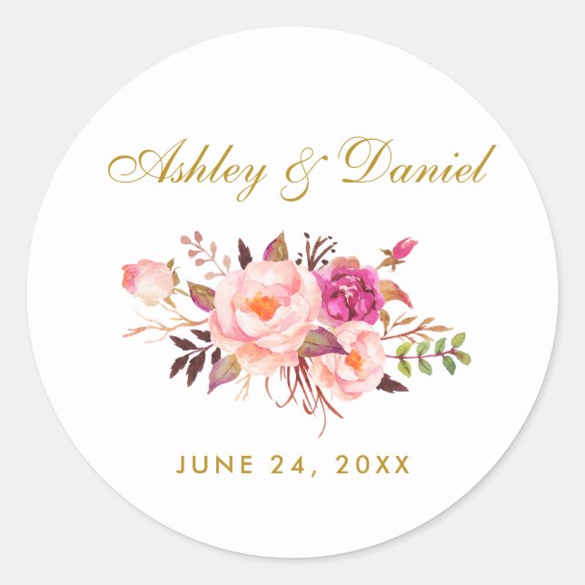 Rosa Blush Gold Floral Wedding Runder Aufkleber (Vorderseite)