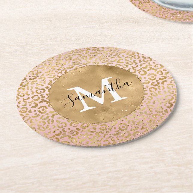 Rosa Blush Gold Leopard Print Glitz Sparkor Runder Pappuntersetzer (Angewinkelt)