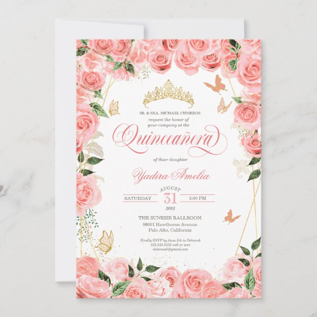 Rosa Blush Gold Rose Elegante Butterfly Quinceaner Einladung (Vorderseite)