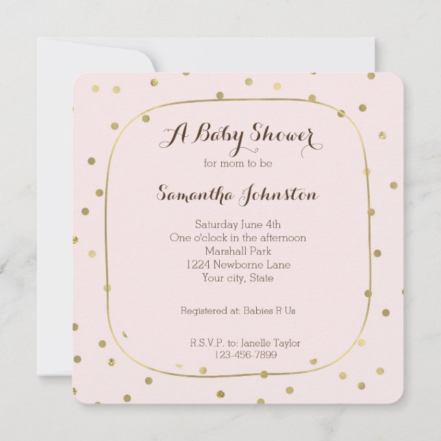 Rosa Blush Gold Sparkle Confetti Babydusche Einladung (Rückseite)