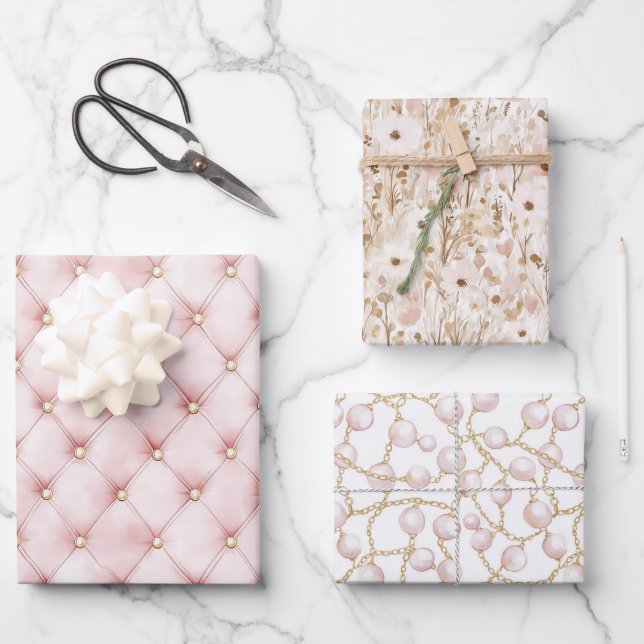 Rosa Blush Gold Tufts Brautparty Geschenkpapier Set (Vorderseite)
