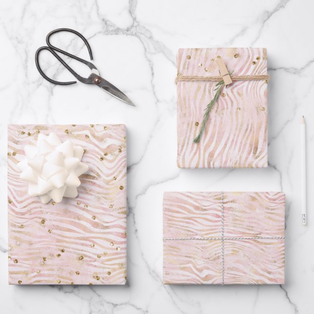 Rosa Blush Gold Zebra Print Glitz Geschenkpapier Set (Vorderseite)