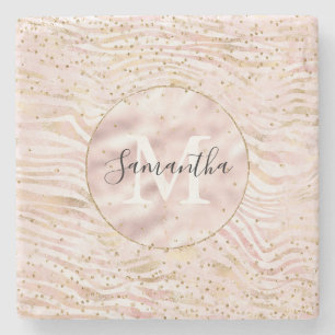 Rosa Blush Gold Zebra Print Glitz Monogram Steinuntersetzer