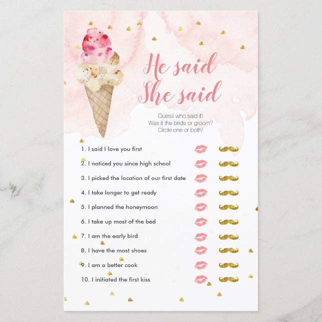Rosa Blush Ice Creme Er sagte, sie sagte Game Card (Vorderseite)