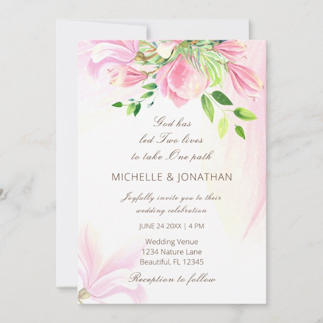 Rosa Blush Magnolias Christliche Hochzeit Einladung (Vorderseite)
