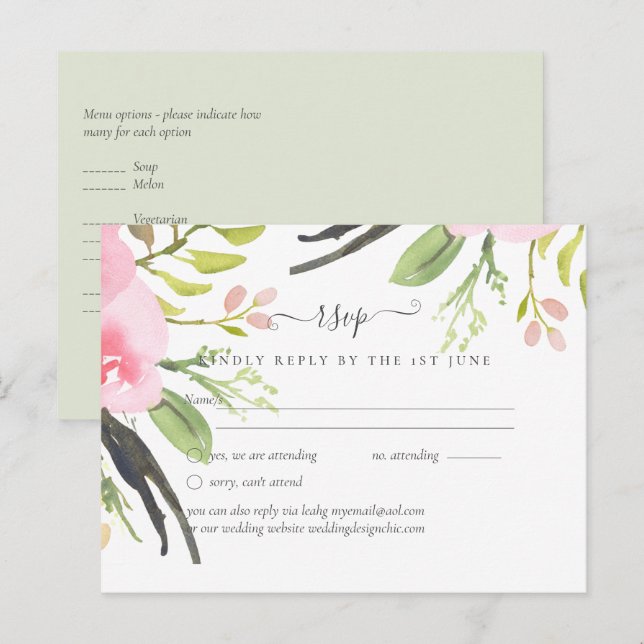 Rosa Blush Olive Wedding RSVP Postkarte (Vorne/Hinten)