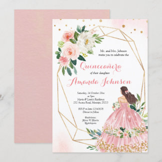 Rosa Blush Prinzessin Quinceañera Einladung