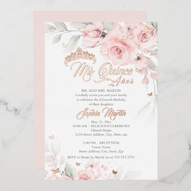 Rosa Blush Rose Gold Mis Quince Quinceanera Folieneinladung (Vorderseite/Rückseite)