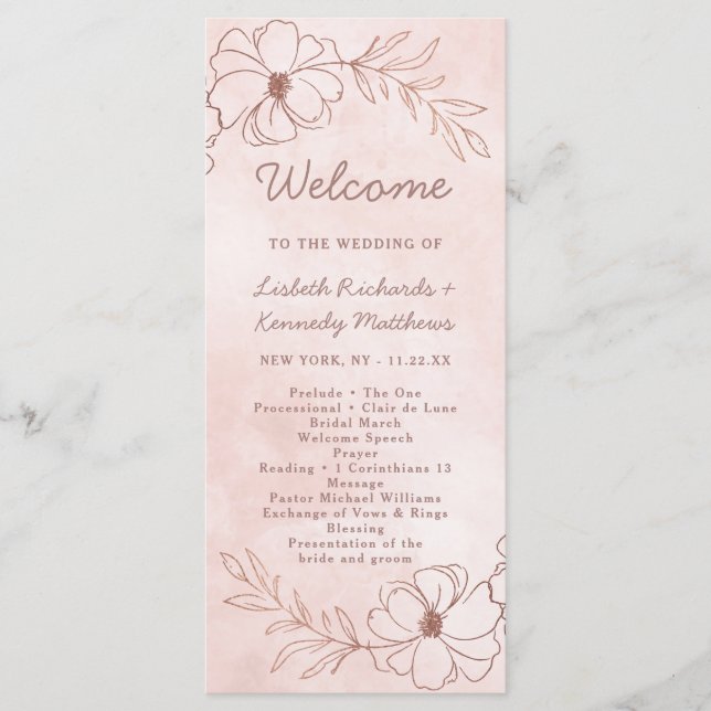 Rosa Blush & Rose Goldene Foil Chic Hochzeitsfeier Programm (Vorderseite)