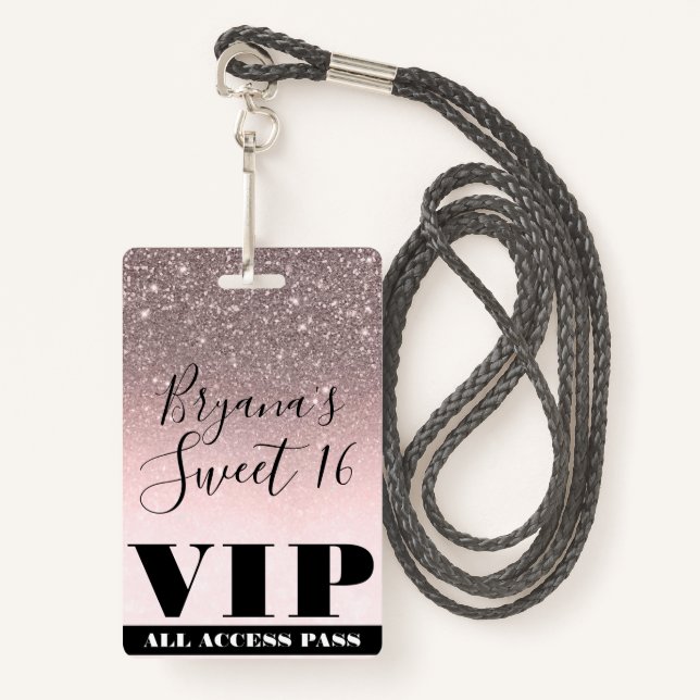 Rosa Blush Silver Glitzer Glam Sweet 16 VIP Pass Ausweis (Vorderseite mit Schlüsselband)