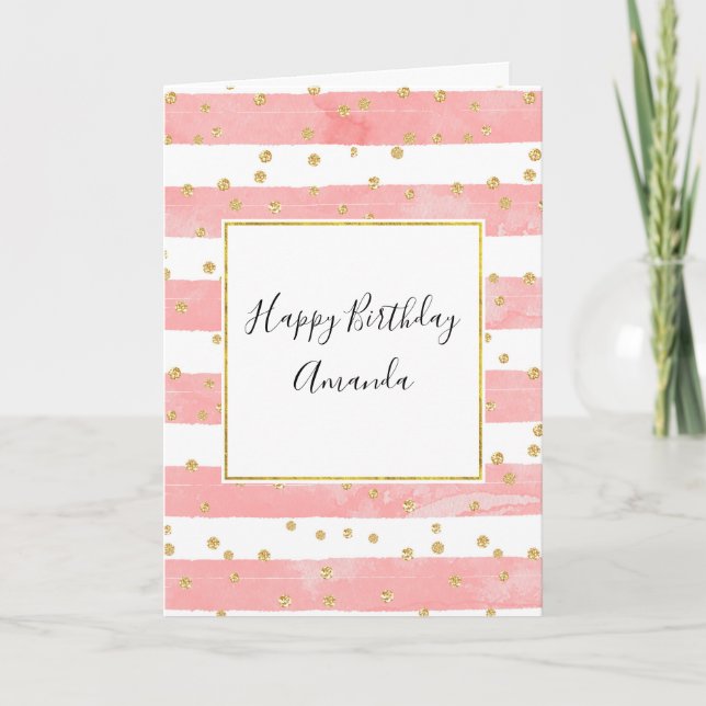 Rosa Blush Streifen & Imitate Goldener Confetti Ge Karte (Vorderseite)