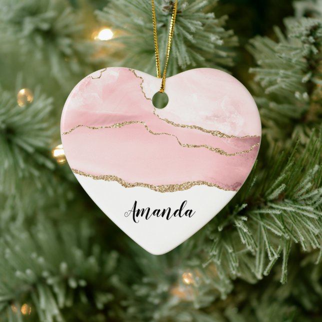Rosa Blush Tor mit Gold Ribbon Elegant Keramik Ornament (Baum)