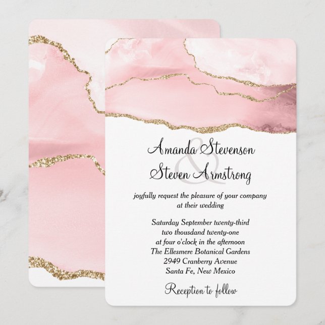 Rosa Blush Tor mit goldener Ribbon Elegante Hochze Einladung (Vorne/Hinten)