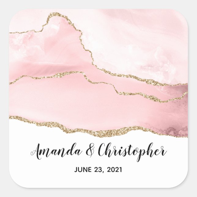 Rosa Blush Tor mit goldener Ribbon Elegante Hochze Quadratischer Aufkleber (Vorderseite)
