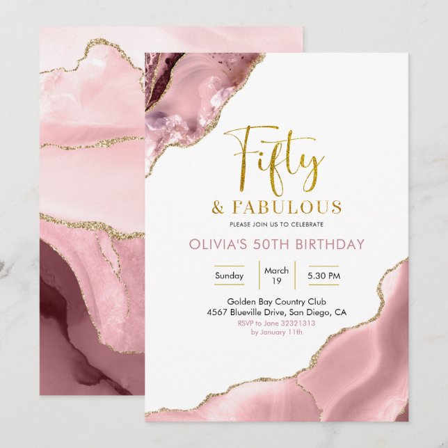 Rosa Blush und Gold 50 und fabelhafte Einladung (Vorne/Hinten)