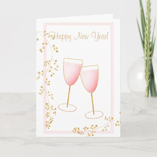Rosa Blush und Gold Champagner Gläser Neues Jahr Karte (Vorderseite)