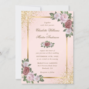 Rosa Blush und Gold Confetti Blumenzehen Einladung
