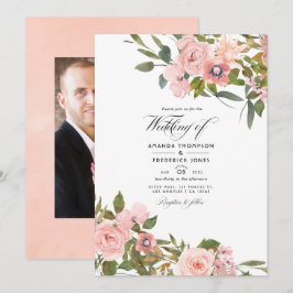 Rosa Blush und Rose Gold Floral Wedding Foto Einladung