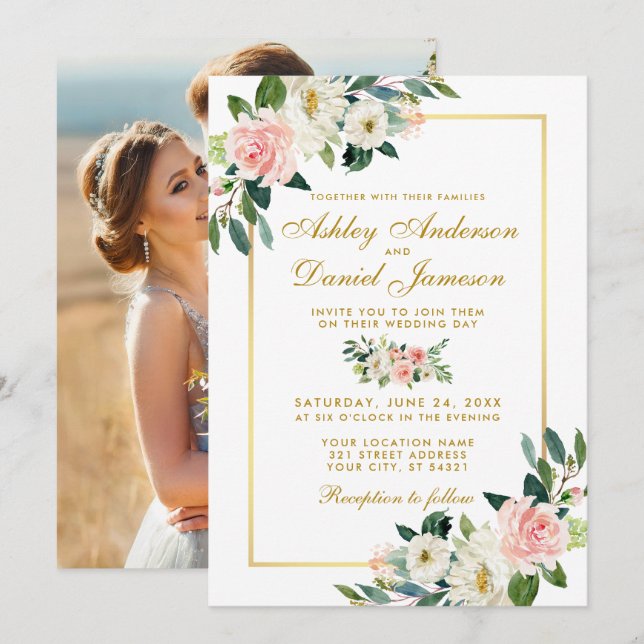 Rosa Blush White Floral Gold Hochzeitssemble Foto Einladung (Vorne/Hinten)