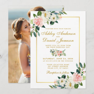 Rosa Blush White Floral Gold Hochzeitssemble Foto Einladung