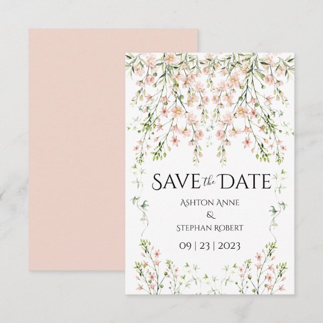Rosa Blush Wildblumen Elegante Blumenhochzeit Save The Date (Vorne/Hinten)