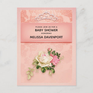 Rosa Blüte mit Diamond Tiara Elegant Babydusche Einladungspostkarte