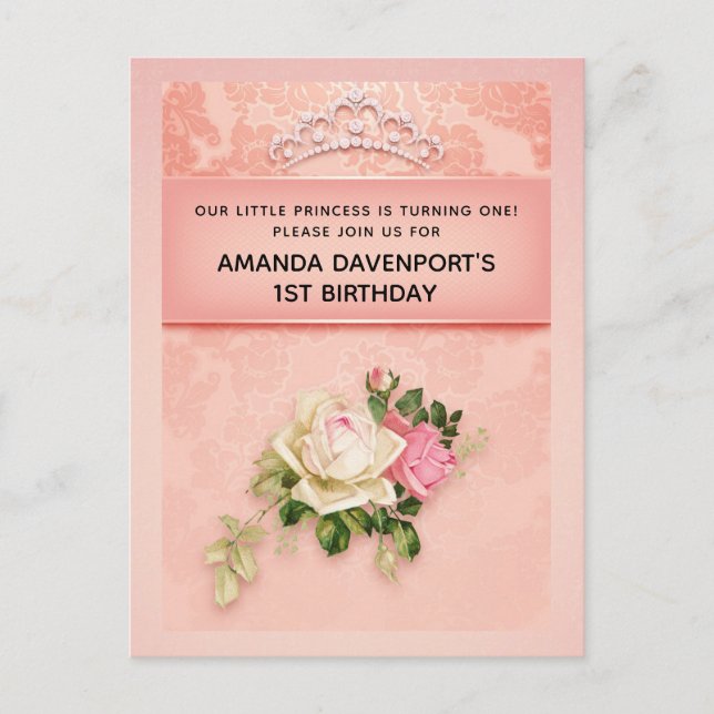 Rosa Blüte mit Diamond Tiara Princess Birthday Einladungspostkarte (Vorderseite)