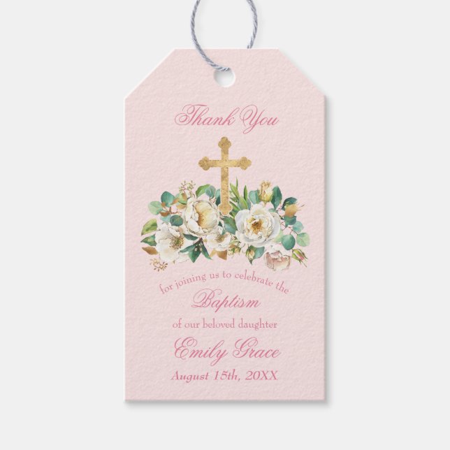 Rosa Blüte mit Goldkreuz Geschenkanhänger (Vorderseite)