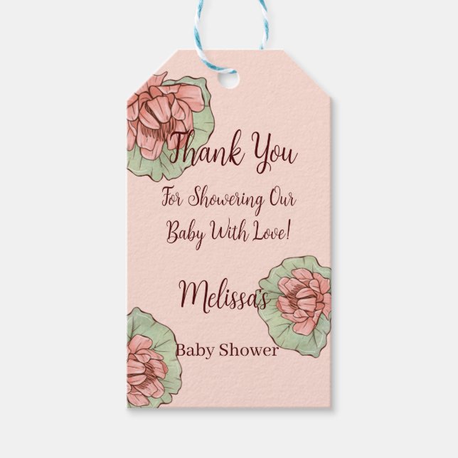 Rosa Blüte mit grünen Blätter Kinderdusche Geschenkanhänger (Vorderseite)
