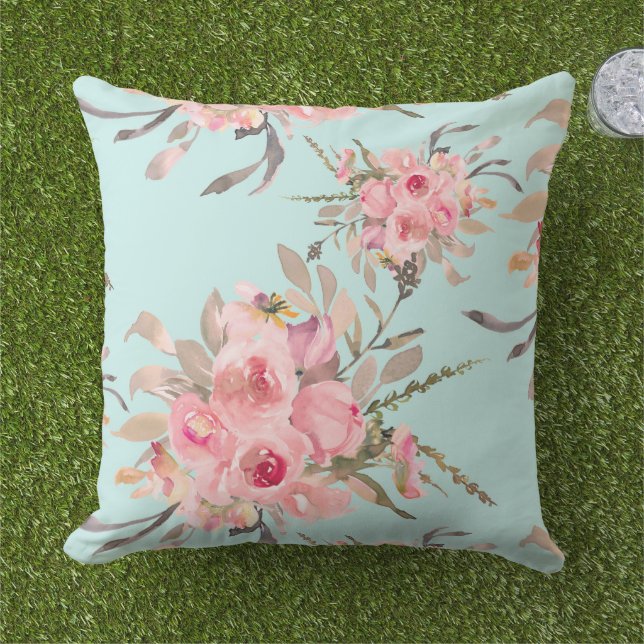 Rosa Blüten auf Hellblau Kissen (Gras)
