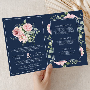Rosa Blüten-Eukalyptus-Navyblau-Hochzeit Einladung