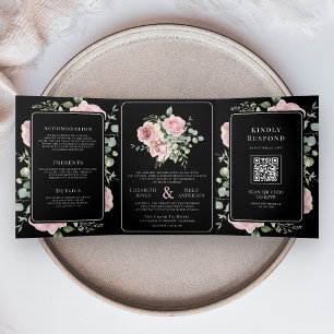 Rosa Blüten-Eukalyptus Schwarzer QR-Code Hochzeit Dreifach Gefaltete Einladung