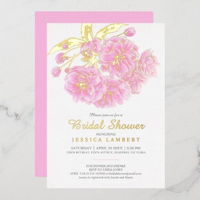 Rosa Blüten Frühlingsblumen Brautparty Folieneinladung (Vorderseite/Rückseite)