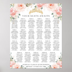 Rosa Blüten-Gold-Quinceanera-Sitzordnung mit Erröt Poster